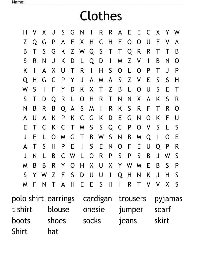 Clothes Word Search