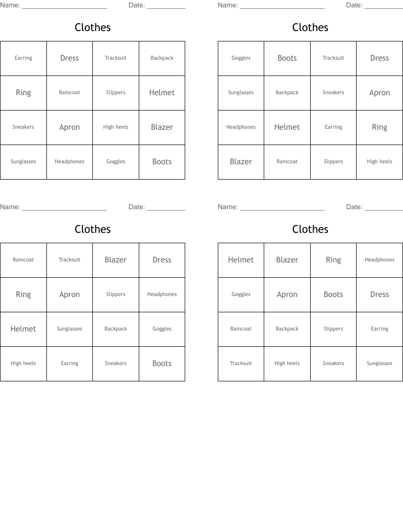 Clothes Bingo Cards