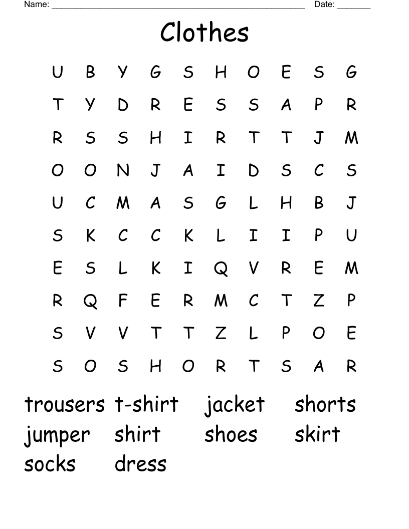 Clothes Word Search