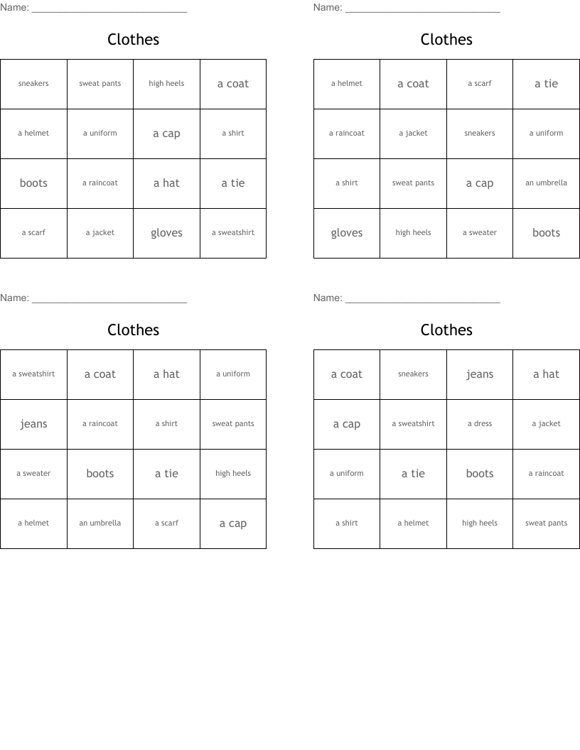 Clothes Bingo Cards