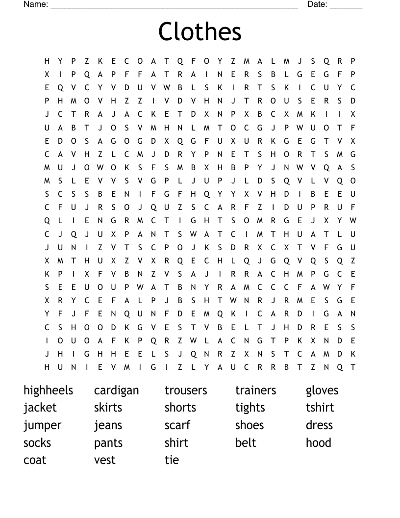 Clothes Word Search