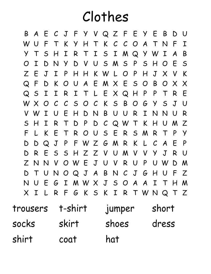 Clothes Word Search