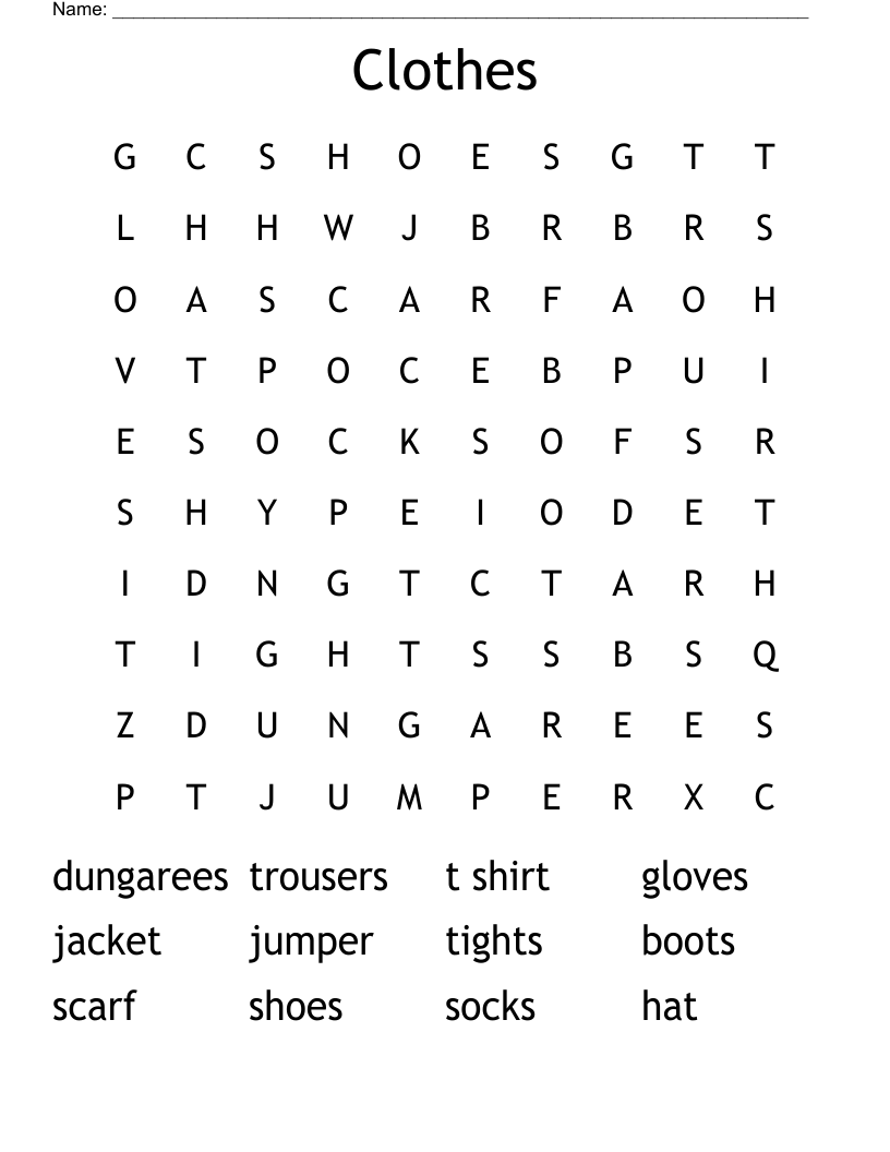 Clothes Word Search