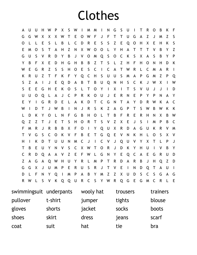 Clothes Word Search