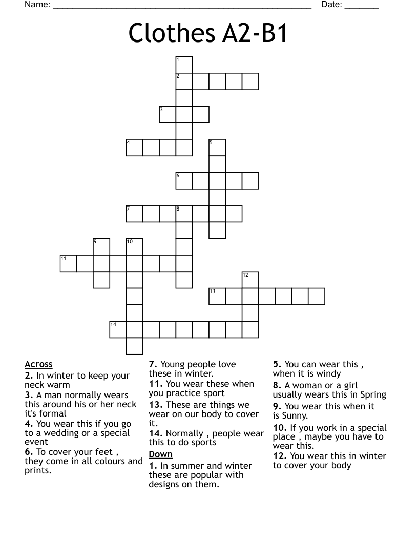 Clothes A2-B1 Crossword