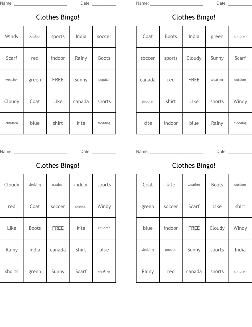 Clothes Bingo!