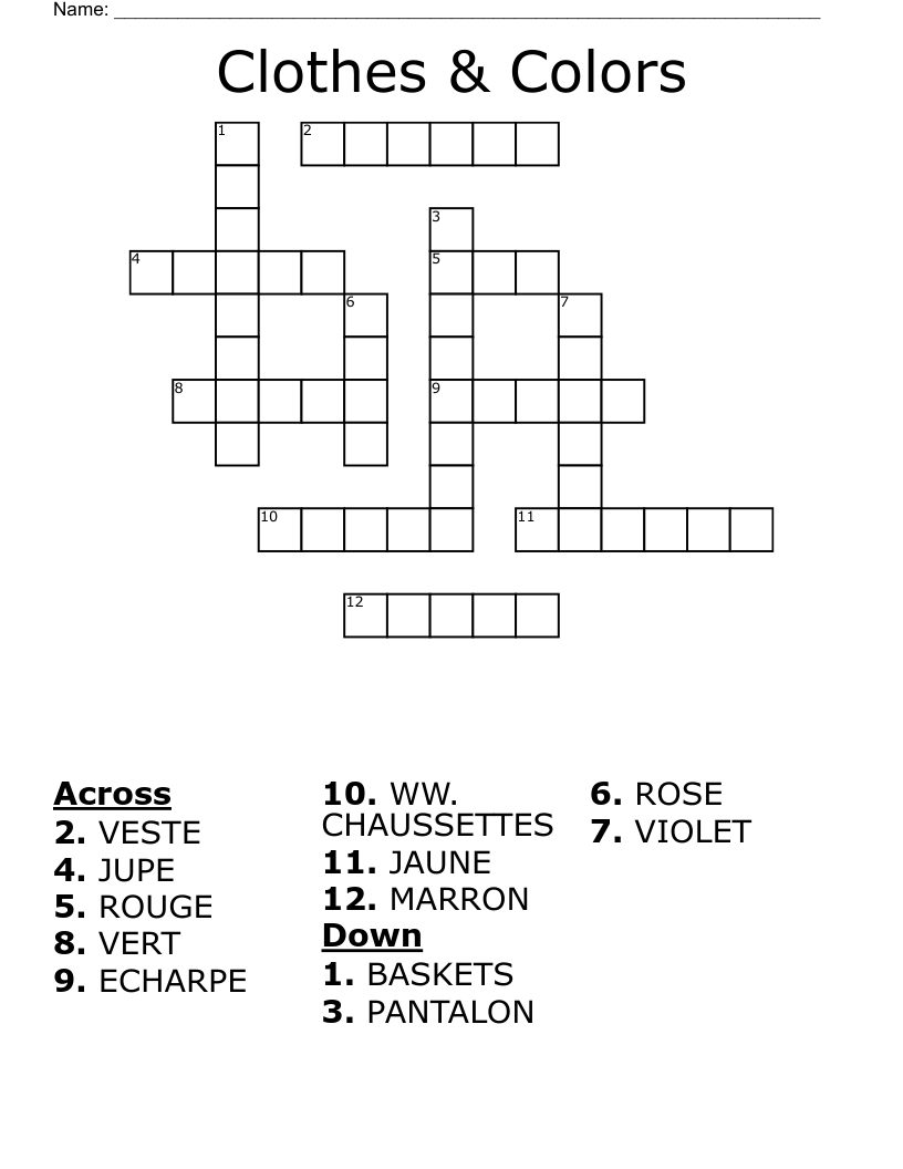 Clothes & Colors Crossword
