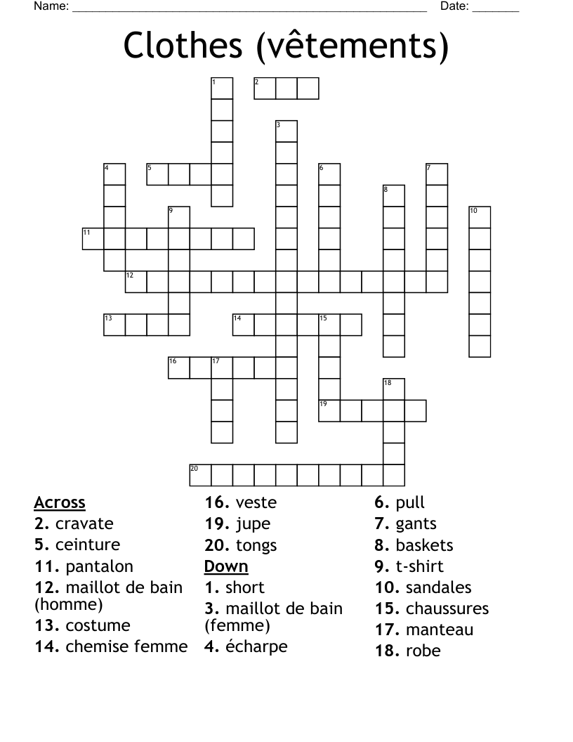 Clothes (vêtements) Crossword