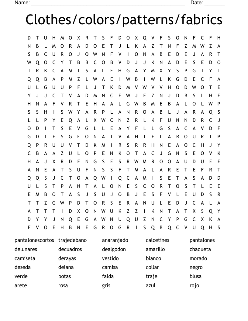 Clothes/colors/patterns/fabrics Word Search