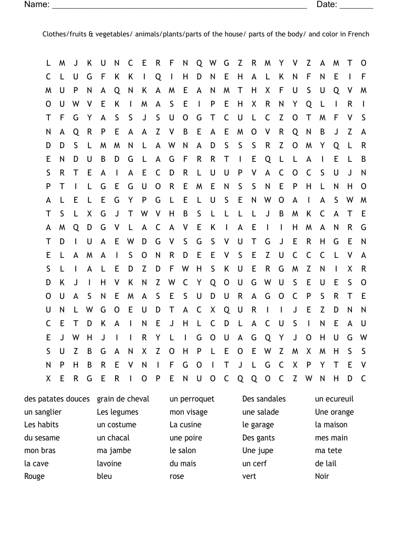 Clothes/fruits & vegetables/ animals/plants/parts of the house/ parts of the body/ and color in French Word Search