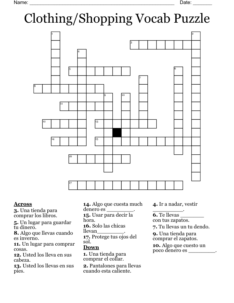 Clothing/Shopping Vocab Puzzle Crossword