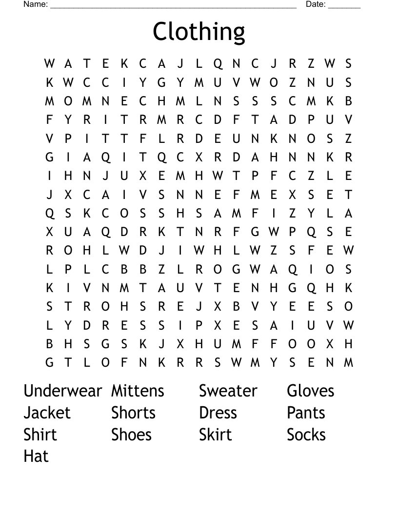 Clothing Word Search
