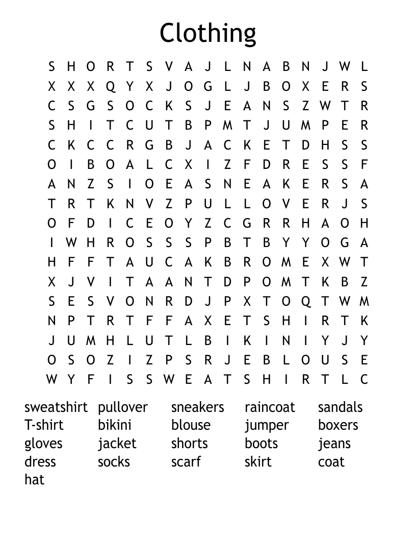Clothing Word Search