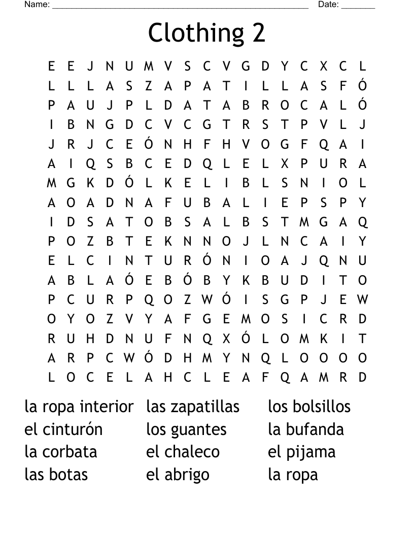 Clothing 2 Word Search