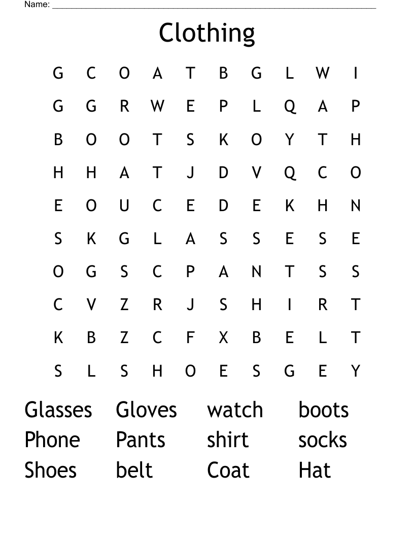 Clothing Word Search