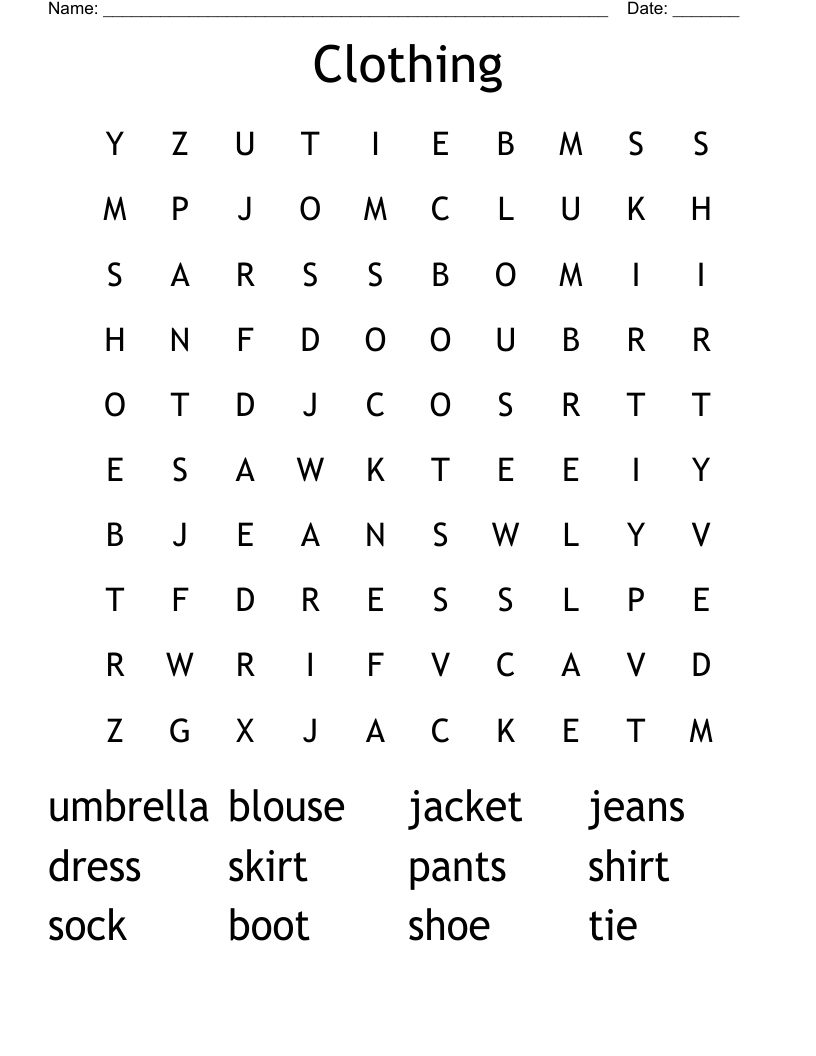 Clothing Word Search