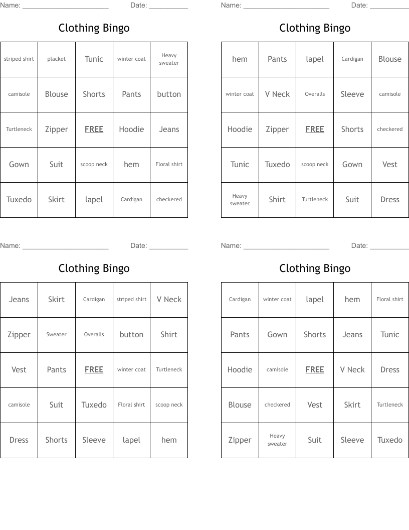 Clothing Bingo