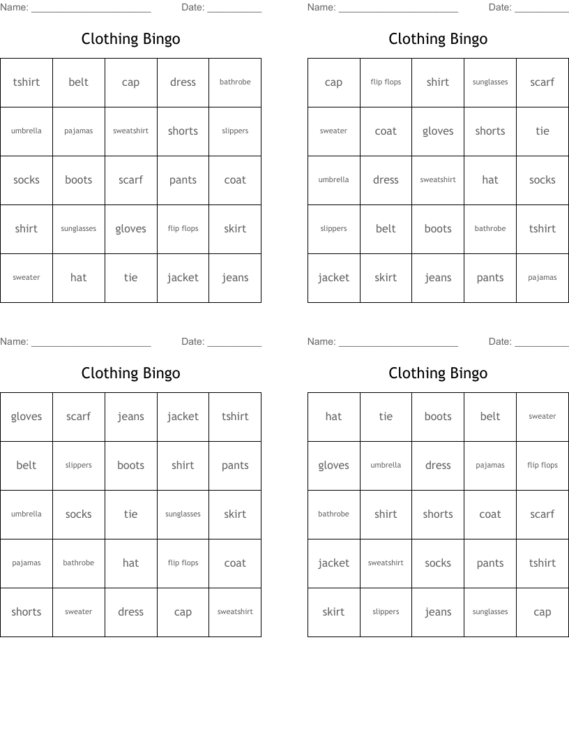 Clothing Bingo