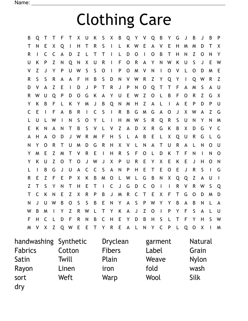 Clothing Care Word Search