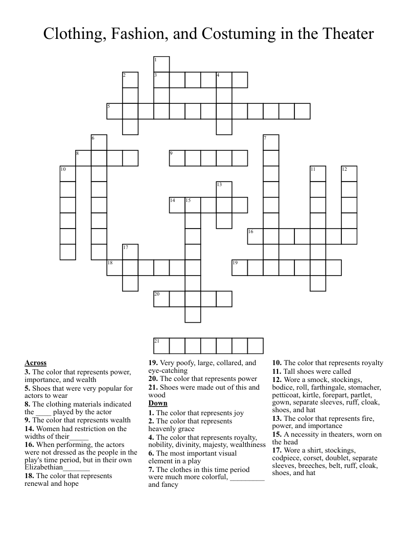 Clothing, Fashion, and Costuming in the Theater Crossword