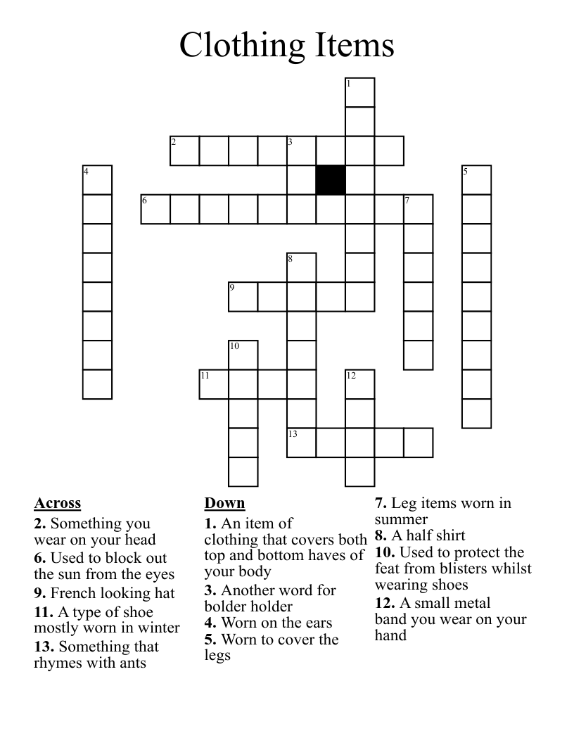 Clothing Items Crossword