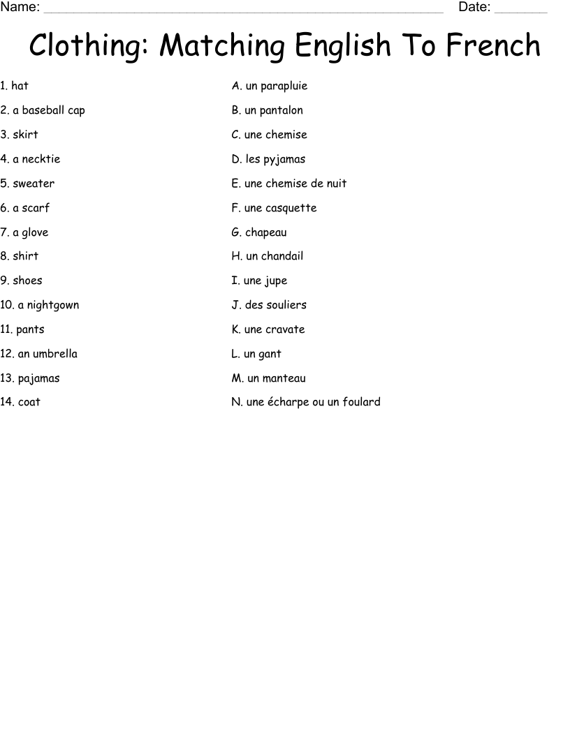 Clothing: Matching English To French Worksheet
