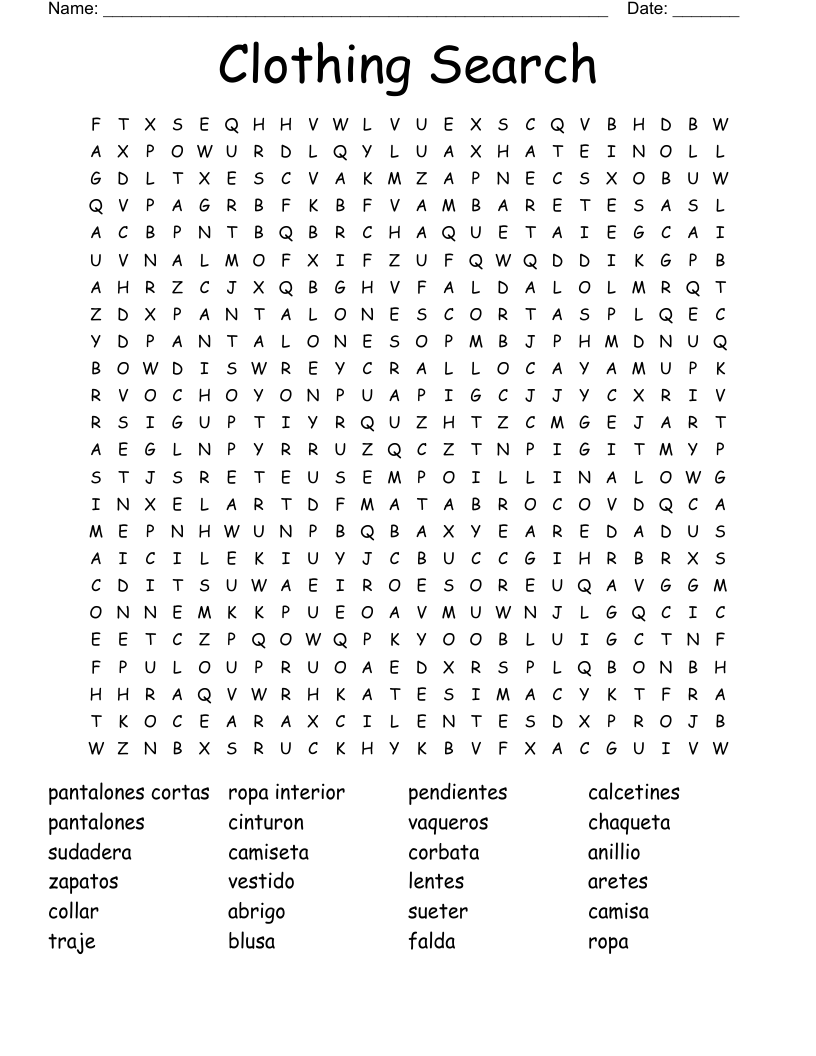 Clothing Search Word Search