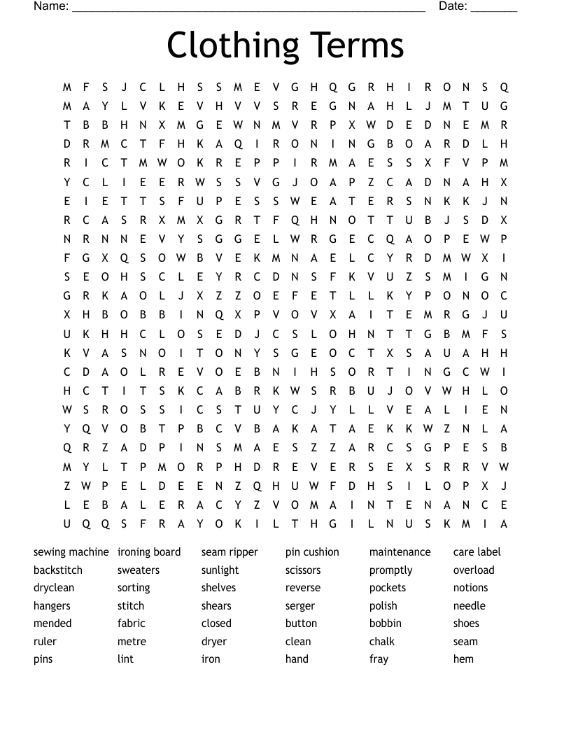 Clothing Terms Word Search