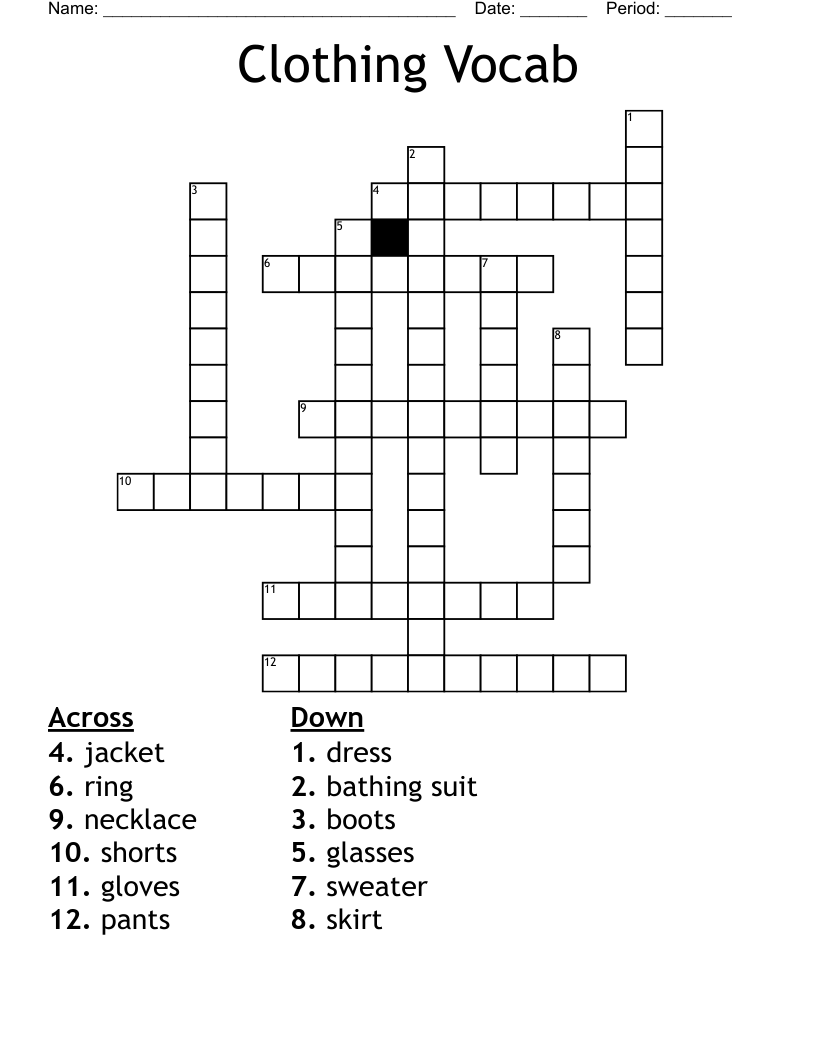Clothing Vocab Crossword