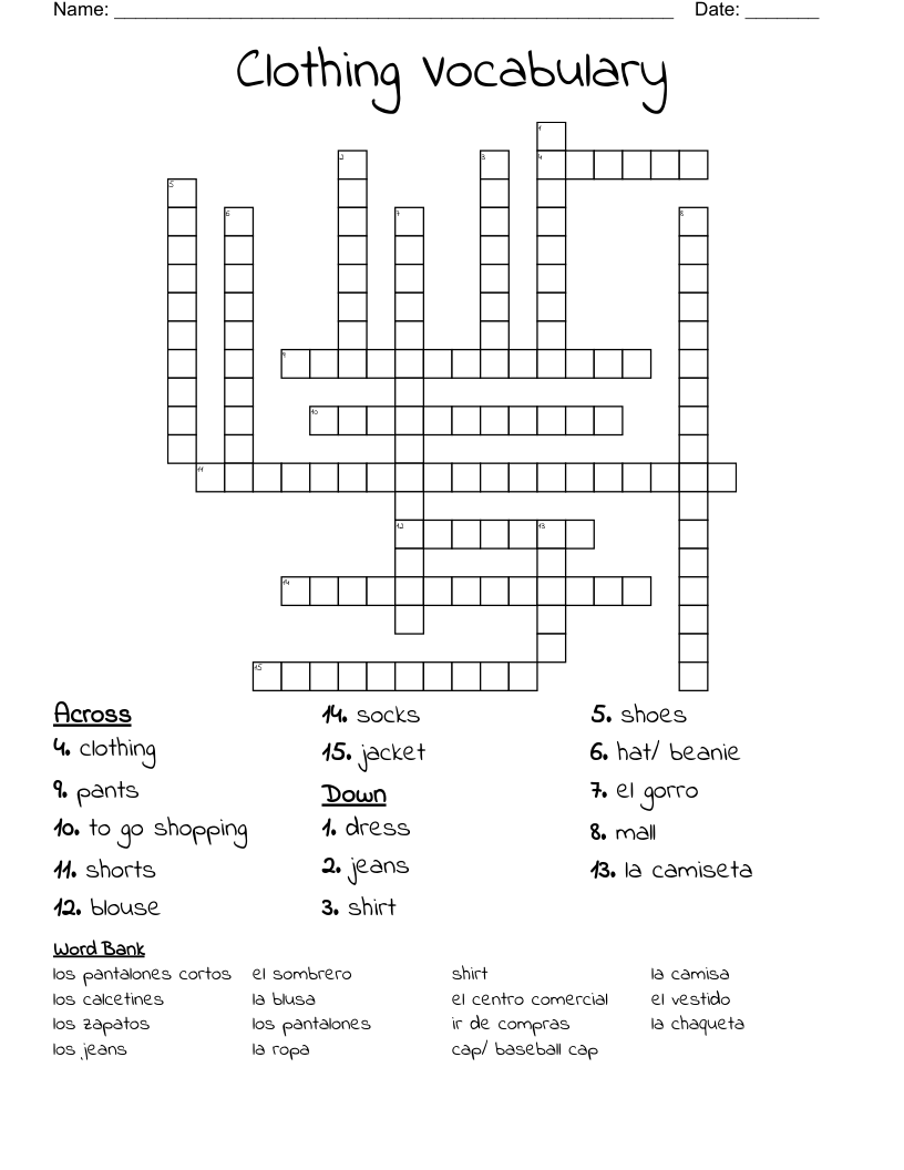 Clothing Vocabulary Crossword