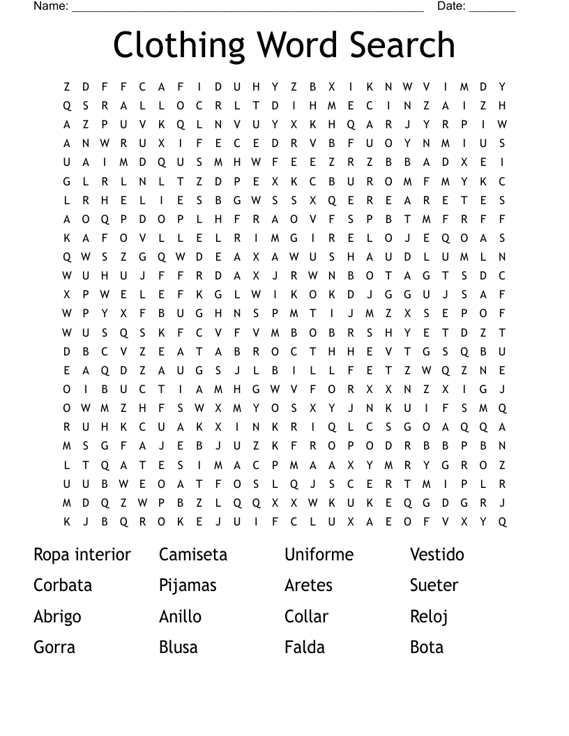 Clothing Word Search
