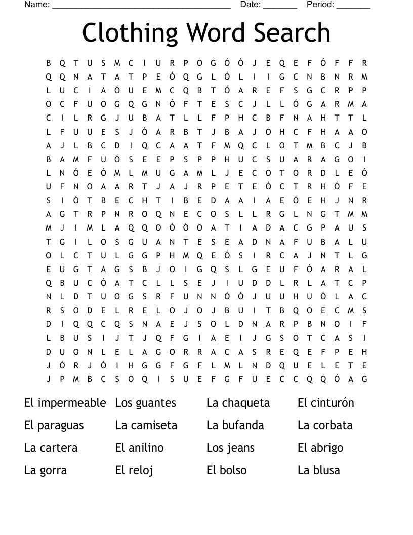 Clothing Word Search 