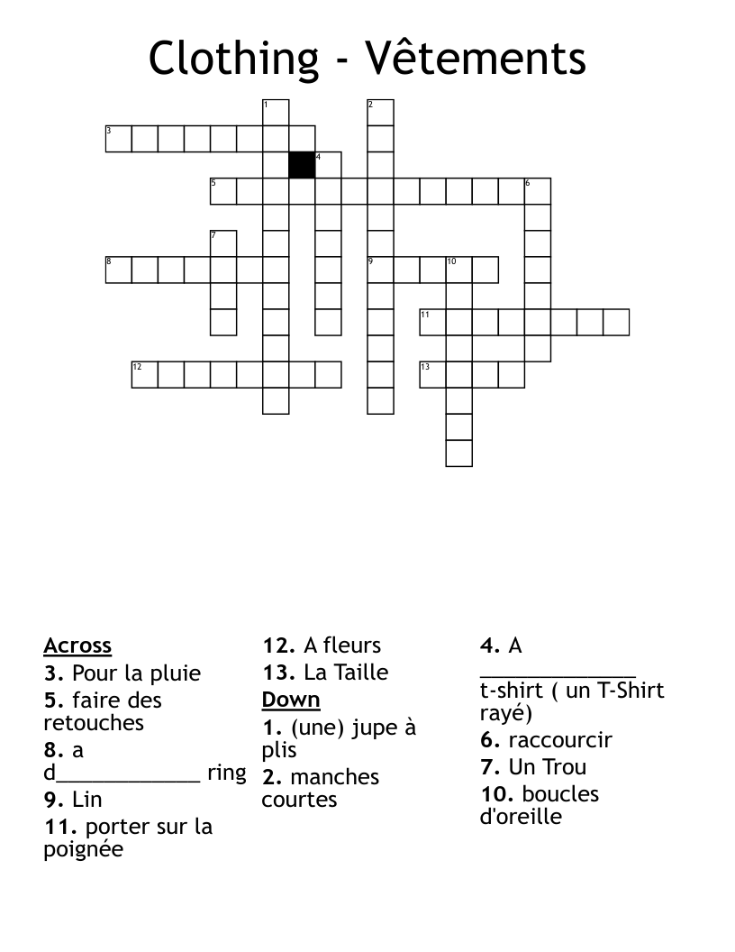 Clothing - Vêtements Crossword