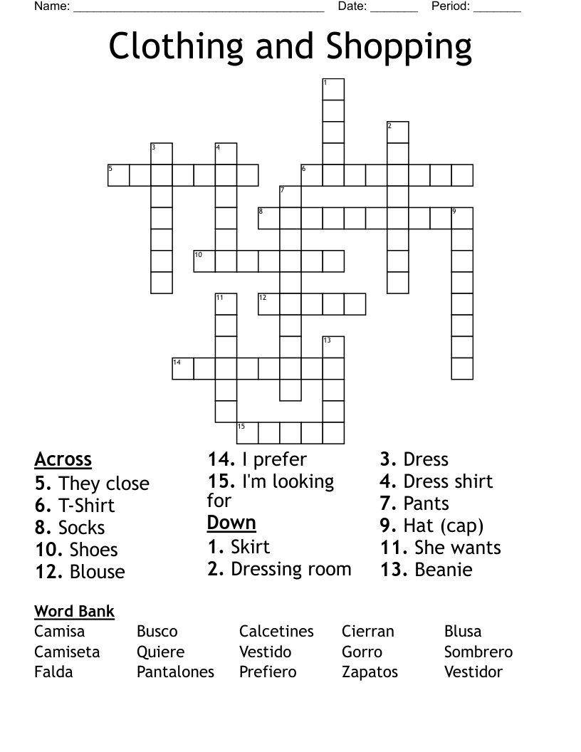 Clothing and Shopping Crossword