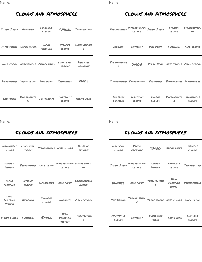 Clouds and Atmosphere Bingo Cards