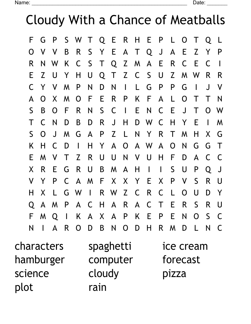 Cloudy With a Chance of Meatballs Word Search