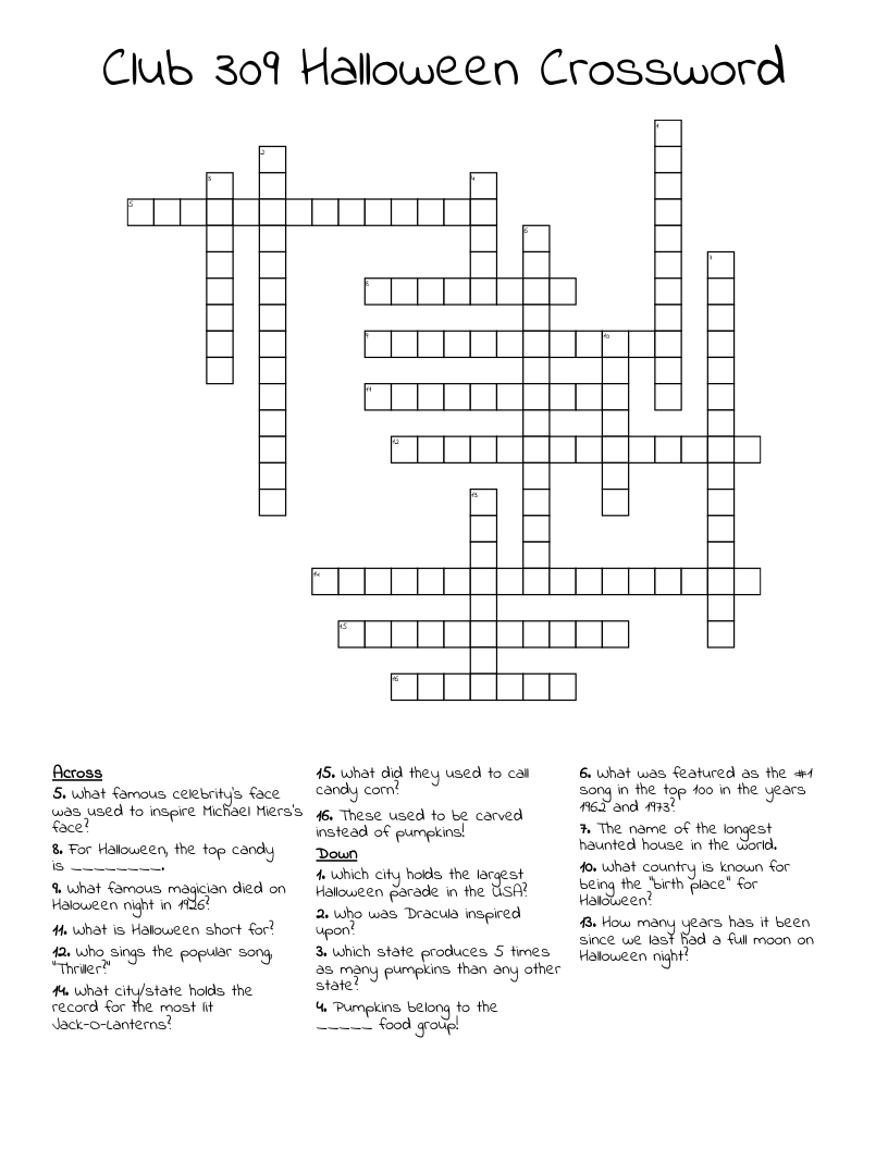 Club 309 Halloween Crossword