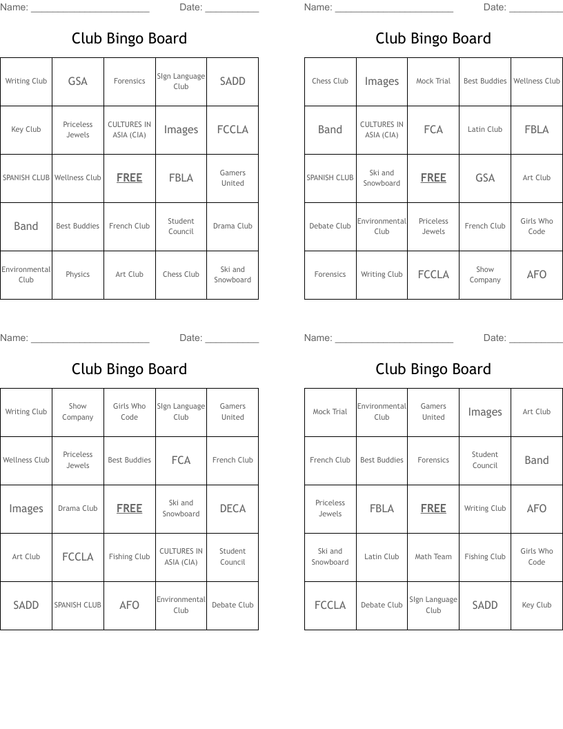 Club Bingo Board