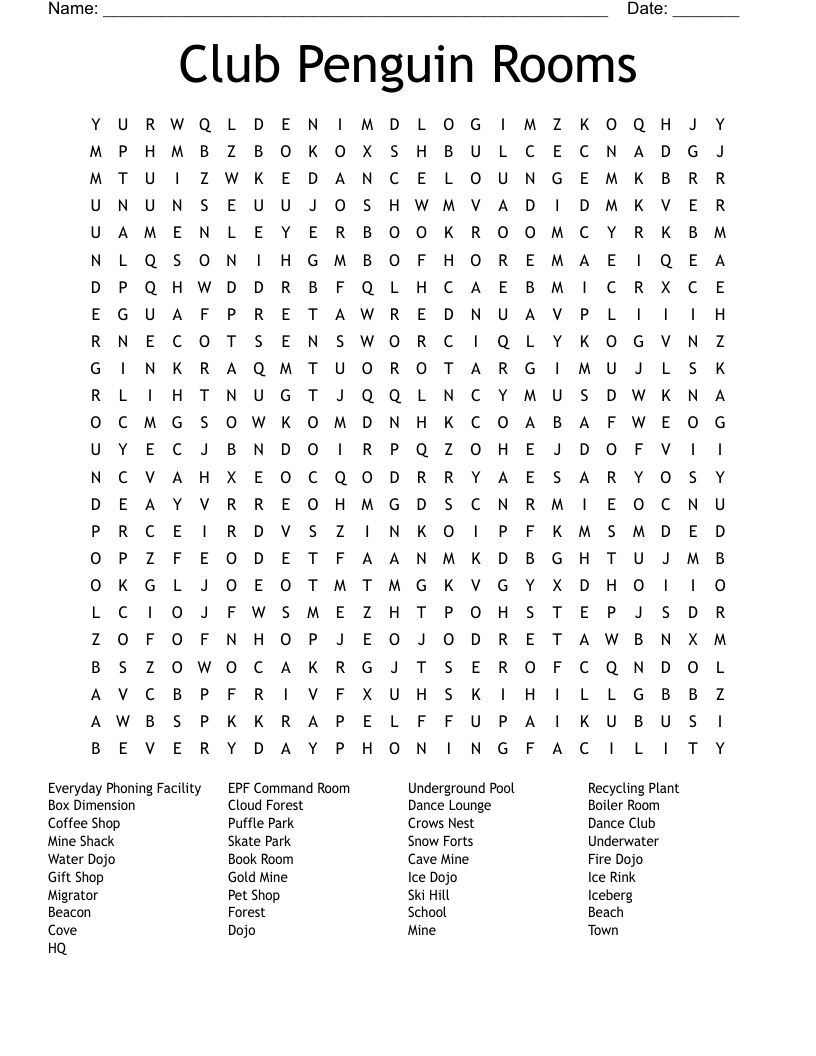 Club Penguin Rooms Word Search