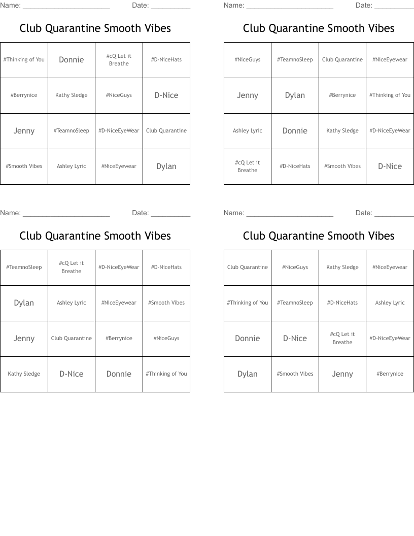 Club Quarantine Smooth Vibes Bingo Cards