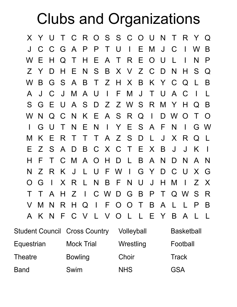 Clubs and Organizations Word Search