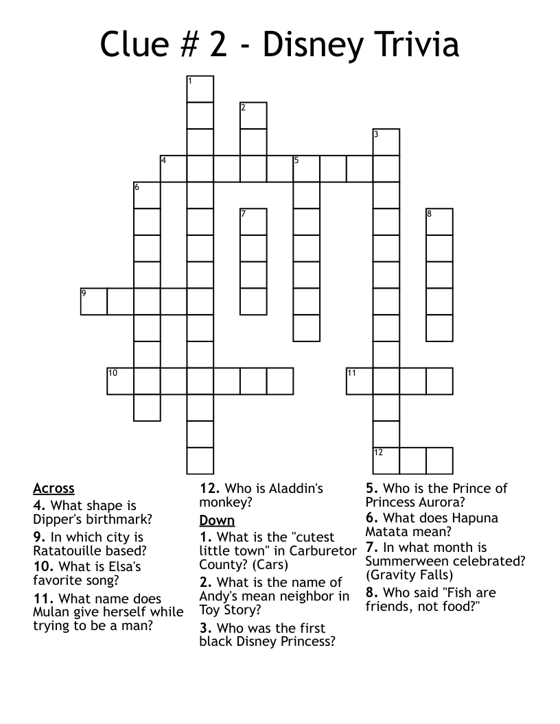 Clue # 2 - Disney Trivia Crossword