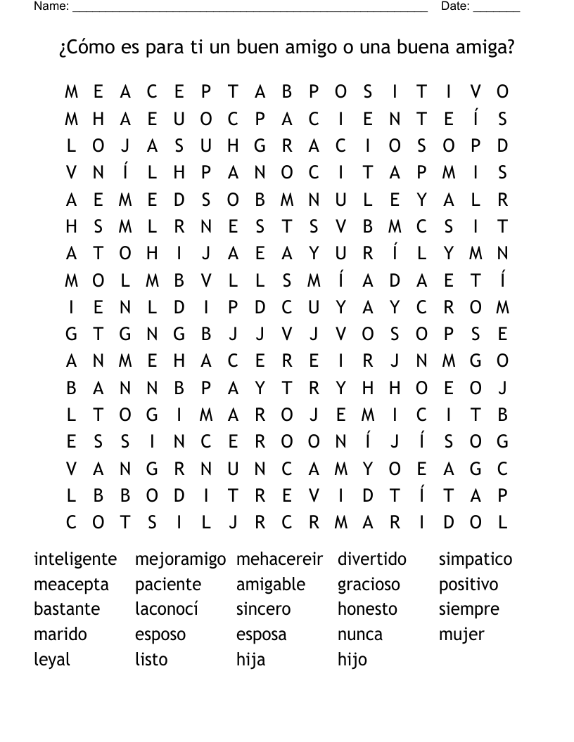 ¿Cómo es para ti un buen amigo o una buena amiga? Word Search
