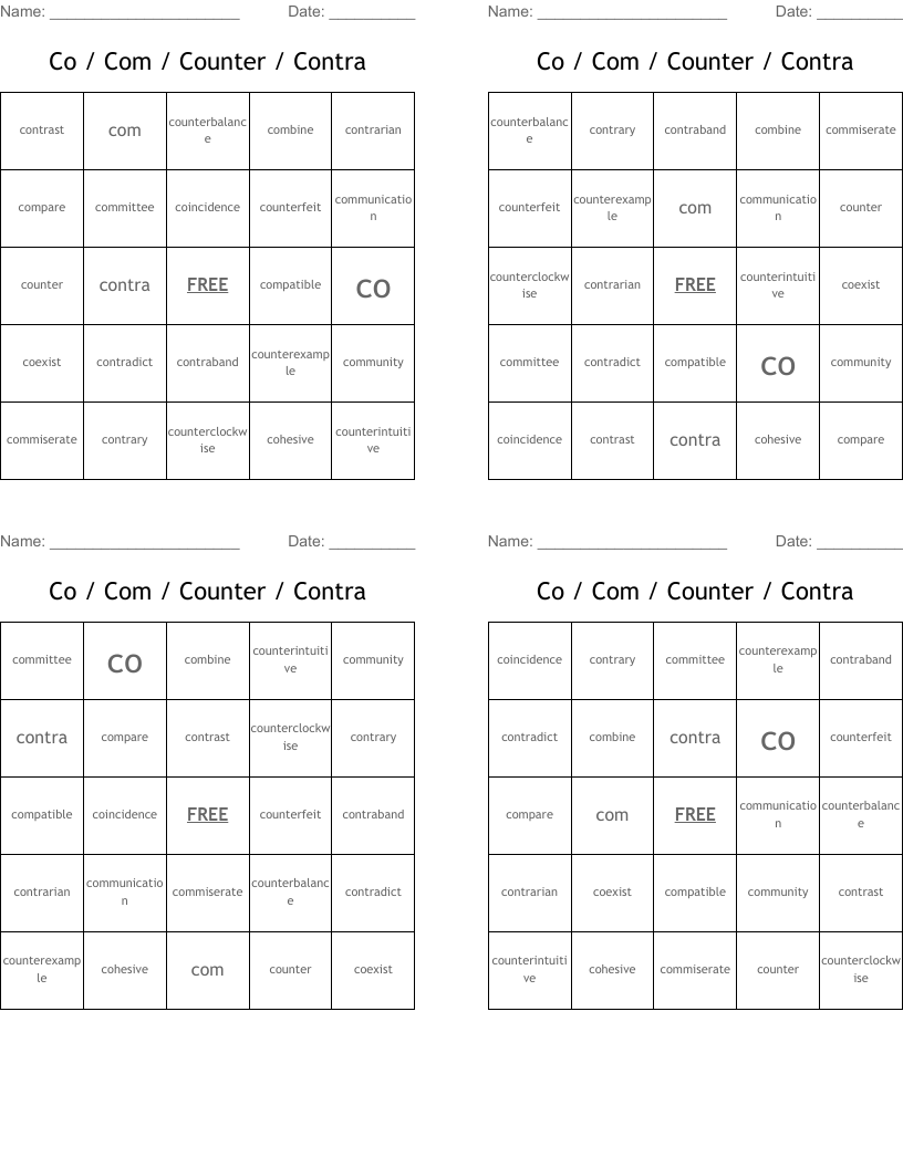 Co / Com / Counter / Contra Bingo Cards