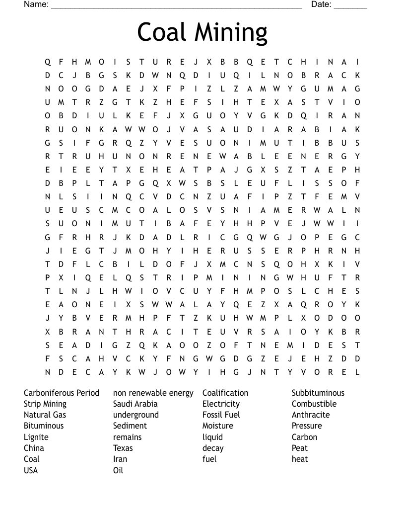 Coal Mining Word Search