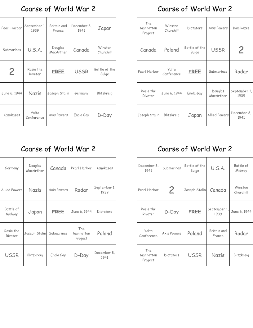Coarse of World War 2 Bingo Cards