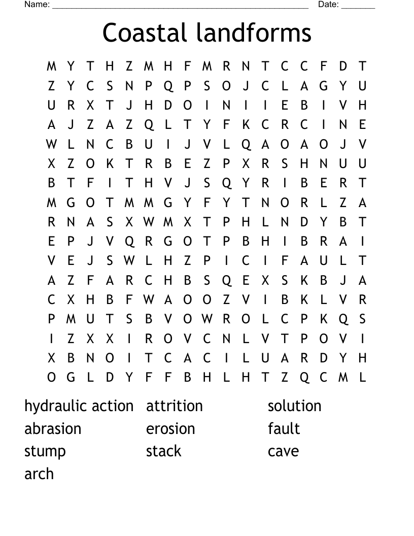 Coastal landforms Word Search
