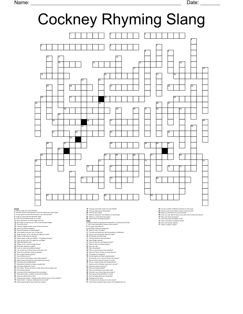 Cockney Rhyming Slang Crossword
