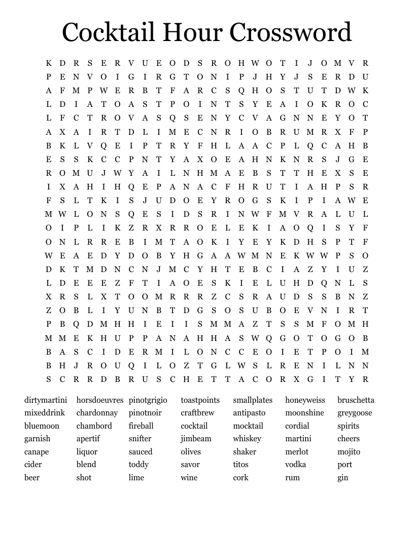 Cocktail Hour  Crossword Word Search