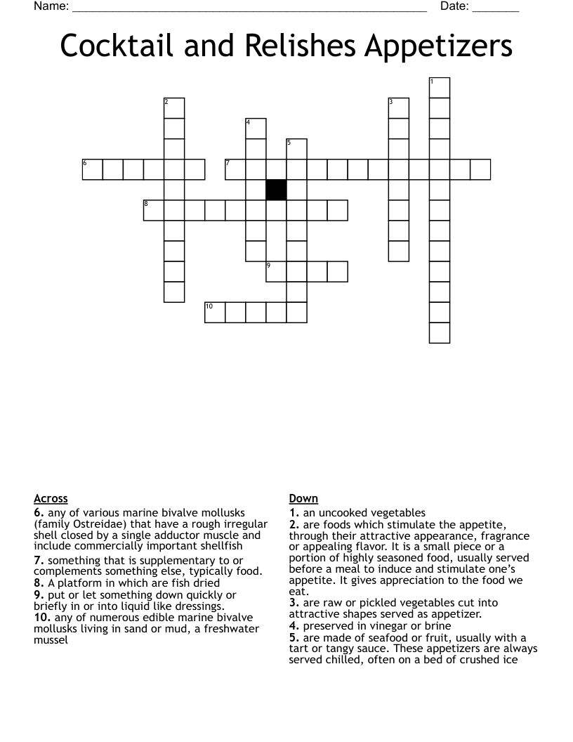 Cocktail and Relishes Appetizers Crossword